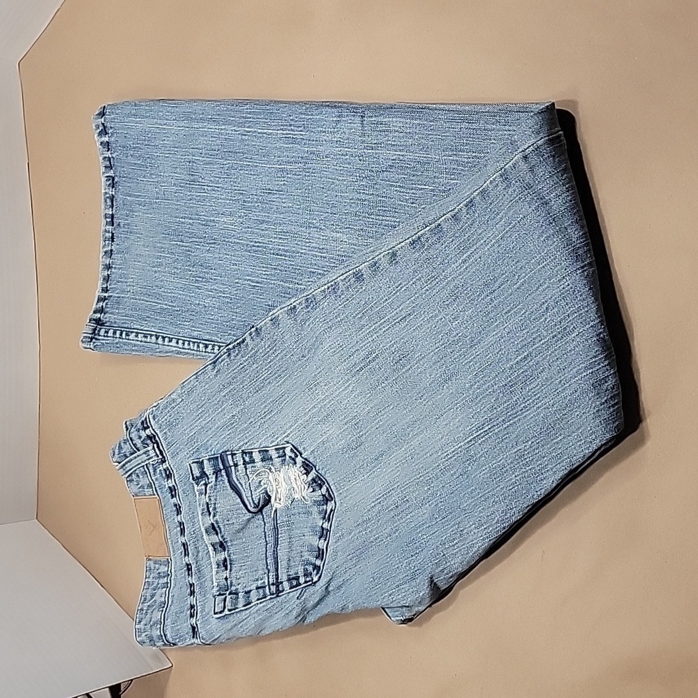 American Eagle Size 8R, Embroidered Stretch Skinny Flare Jeans, Distressed, GUC
